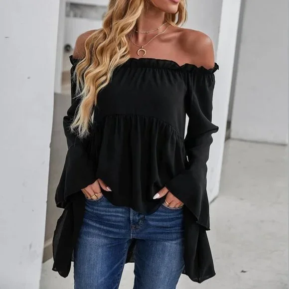 Black Off-shoulder High Low Blouse - Picture 3 of 7